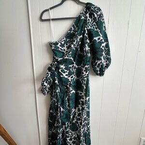 J. Crew One-Shoulder Dress with Green and Black Floral Design